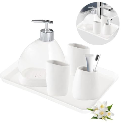 Qivine 6Pcs Bathroom Accessories Set, White Ceramics Bathroom Set, Luxury Bathroom Soap Dispenser Set Includes 2 Mouthwash Cup 1 Toothbrush Holder 1 Soap Box 1 Lotion Bottle and Tray for Home