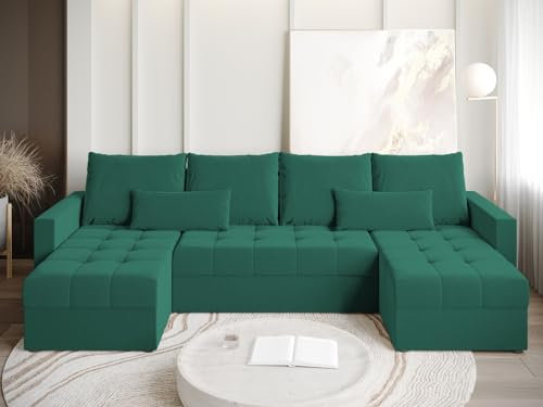 BROMARKT Ecksofa mit Schlaffunktion 289x143x83 - Wohnlandschaft U Form - Kollektion HOT U Lite - Eckcouch - Samt Couch U Form – Grün