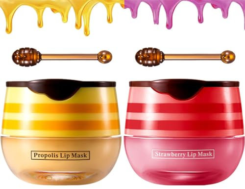 Honeybalm Lip-Balm Mask & Scrub Moisturizes Dry, Cracked Lips (Bee Wax + Strawberry), Exfoliates & Brush Included