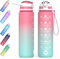 WHIPY 1L Water Bottle with Straw - Leak-Proof & BPA Free Reusable Sports Bottle - Motivational Time Markings for Hydration Durable Drink Bottle for Gym, Sports, Outdoor, Cycling (Red & Green)