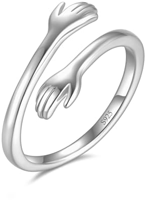 Umarmungsring in 925 Sterling Silber und Gold Verstellbar als Geschenk für Sie, Freundin, Freund, Muttertag und zur Verlobung Umarmung Ring mit Umarmende Hände (Silber, 54)