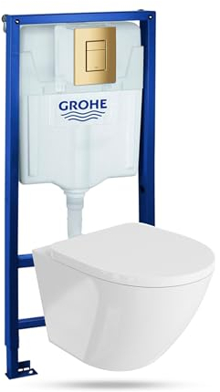 GROHE | Elemento de pared Solido + inodoro suspendido Sofi blanco sin borde + tapa de inodoro SoftClose | Botón dorado | Conjunto completo | Cisterna empotrada | Juego completo de inodoro |