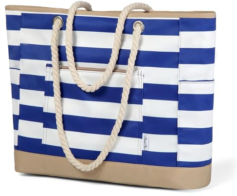 Chase Chic Borsa Mare, Morbida Borse Spiaggia Donna Molte Tasche Borsa Mare Grande XXL Famiglia Beach Viaggio Tracolla Tote Bag Piscina con Cerniera, Bianco Striato