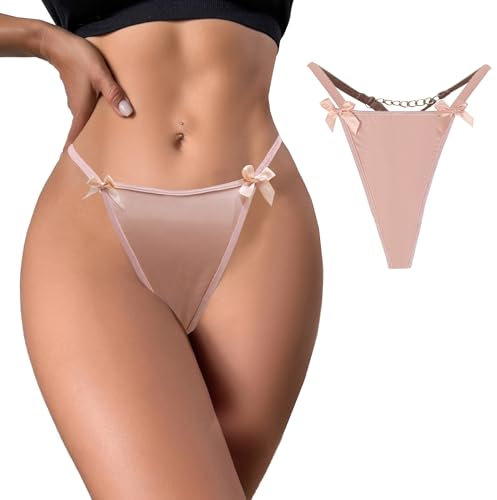JFAN Perizoma Donna Tanga con Fiocco e Catena Slip Donna Senza Cuciture Elastico Thong Rosa L