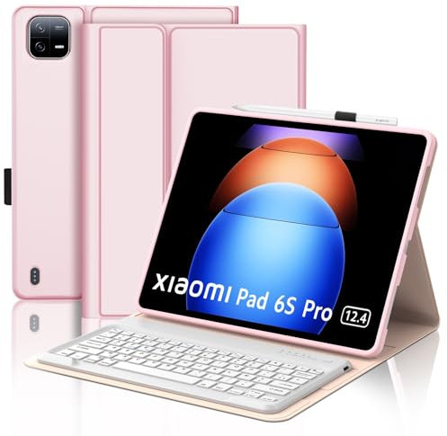 SENGBIRCH Coque Clavier pour Xiaomi Pad 6s Pro 12.4'' 2024 - AZERTY Français Clavier avec Fente pour Stylo, Détachable sans Fil Bluetooth pour Xiaomi Pad 6s Pro 12.4'', Rose Clair