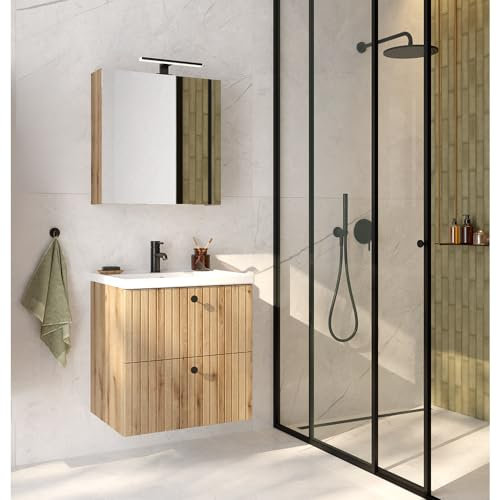 Lomadox Badmöbel Set Waschplatz Set 2-teilig, 60 cm Waschtisch, Spiegelschrank mit Beleuchtung, Eiche