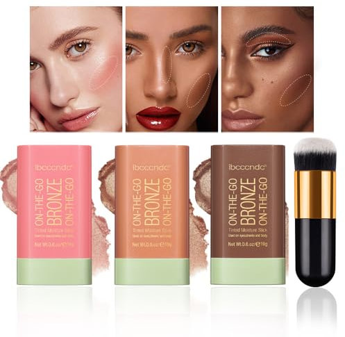 MKNZOME 3 Stück Cream Contouring Stick Highlighter Stick Bronzer Stick, Make up Konturenstift Milk Makeup Cremige Textur, Wasserfester, Buildable, Schimmer Make-up Stick