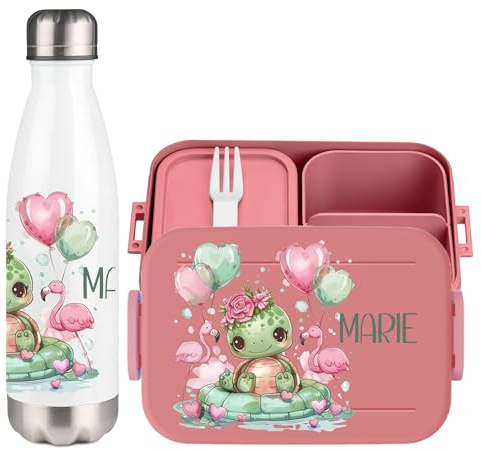 wolga-kreativ Set personalisierte Lunchbox und Trinkflasche für Mädchen Baby Schildkröte - Bento Box mit Fächern und Unterteilungen – Brotdose für Schule und Kindergarten