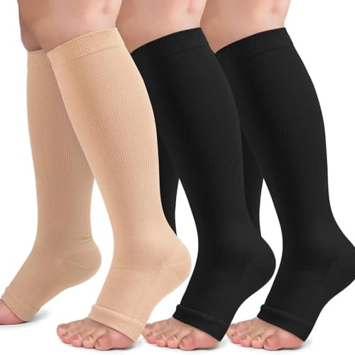 Bas De Compression Pied Ouvert Chaussettes de Contention à Bout Ouvert Bas de Compression à Bout Ouvert Chaussette de Contention Pied Ouvert pour Hommes et Femmes pour Les varices l'œdème 3 paires
