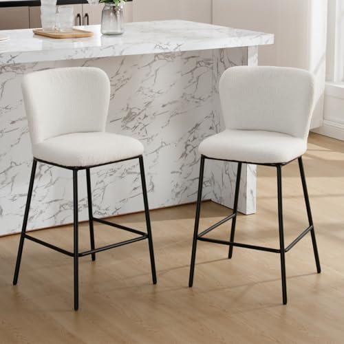 chairus Taburetes de Bar Tapizados de Lana Sintética Juego 2 de Sillas Desyuno Bar Modernas con Patas Negras, Taburetes de Mostrador Cocina con Respaldo para Hogar/Isla de Cocina, Blanco