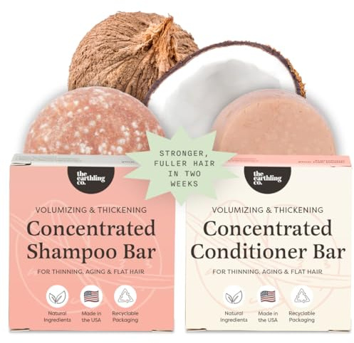 The Earthling Co. Volumizing Shampoo & Conditioner Bar Set For Thickening, Fullness, Strength, and Growth - Sulfate, SIlicone, Paraben Free for Thin, Flat, Fine Hair - Made in USA (Vanilla Coconut)