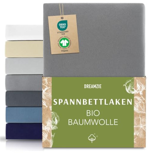 Dreamzie Premium Spannbettlaken 140x200cm bis 160x200cm Anthrazit, Spannbetttuch aus 100% Jersey Biobaumwolle, 150 g/m² - Oeko-TEX