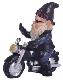Fuwraixis Gartenzwerg Motorrad-Statue, vertikale Mittelfinger-Zwerg-Skulptur, Wasser- und sonnenfeste Gartendekoration, Gartenzwerg lustig und witzig, Motorrad-Geschenke für Männer, Balkon-Dekoration