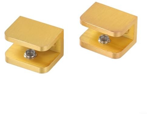 Eawfgtuw Paquete de 2 abrazaderas de vidrio, soportes de abrazadera de soporte de estante de vidrio, estantes dorados, sin taladrar en vidrio (para vidrio de 8-10 mm, 10-12 mm, dorado) (L)
