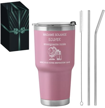 Maverton Mug Isotherme Personnalisable Rose en Acier Inoxydable 800 ml - Mug Personnalisé Maitresse avec Paille - Cadeau Maitresse d'École fin d'année - avec Boîte Cadeau Prof Enseignante