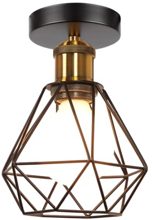 TOKIUS Deckenlampe, 16CM Vintage Deckenleuchte im Industrial Design Retro Lampe Käfig Pendelleuchte Schwarz Lampenschirm aus Eisen mit E27 Fassung Messing Flurlampe (1 Stück)