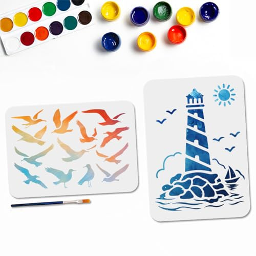 MAYJOYDIY 2 Stück A4 Möwen Vögeln Schablonen Meer Leuchtturm Schablone 29.7 × 21cm Mit Pinsel Bootslandschaft Wiederverwendbare Vorlage Zum Malen Auf Holz DIY Basteln Wand Und Leinwand