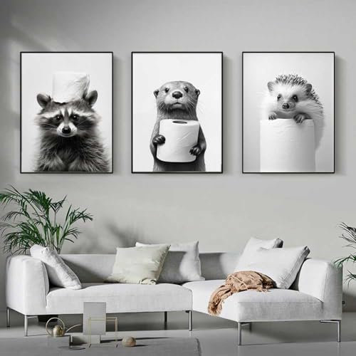 3 Poster Tiere Witzig Schwarz Und Weiß Bild Badezimmer Lustiges WC 30 x 40 cm Druck Auf Leinwand Humor Foto Wilde Tiere Toilette Wanddekoration