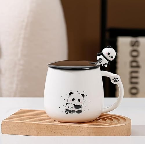 VollfitYYu süße Pandatasse mit Deckel lustige Kaffeetasse mit 3D Panda Löffel Keramik Kaffeebecher Cute Pandabecher Panda Motiv Teetasse für Frauen Kinder Männer Freundin Jungen (Zwei-Panda)