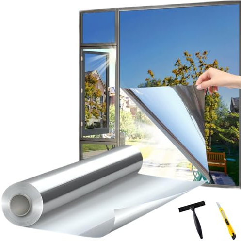 dzmelzu Fensterfolie Sonnenschutz Hitzeschutz Innen oder Außen Spiegelfolie Fenster Sichtschutz Selbstklebend Rückstandslose Sonnenschutzfolie (Silber, 50x200 (cm))