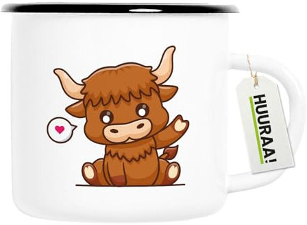 Huuraa tasse en émail Vache des Highlands d'Écosse Tasse à café cadeau vintage 300 ml Vache des Highlands d'Écosse Présent