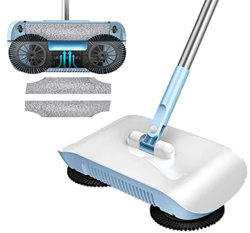 TFixol Upgrade Floor Sweeper for Hardwood Surfaces,Wood Floors,Laminate,Tile - Small & Portable Broom- Cleans Pet Hair- Manual Hand Push Mop - No Noise,Non-Electric -with 2 Cloth Sky-blue with 2 Cloth