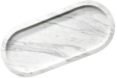 HAMAKAWA Kosmetikablage aus Naturmarmor, Badezimmer-Ablage L 25 cm x B 11 cm, Jazz-Weiß Schmuckablage, Ovale Parfümablage, Aufbewahrungssystem für Hause