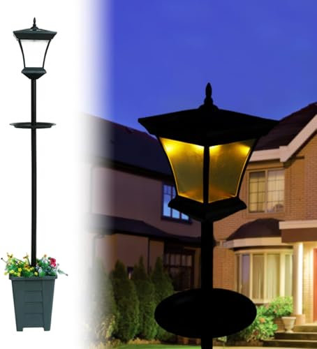 Gresonic 200cm solarlampe solar gartenlaterne lampe , Blumentopf-Basis für Garten, stehlampe garten mit vogeltränken, Warmweiß Gartenlampe IP44 Wasserdichte für Außen Innen Garten(1er Set Schwarz)