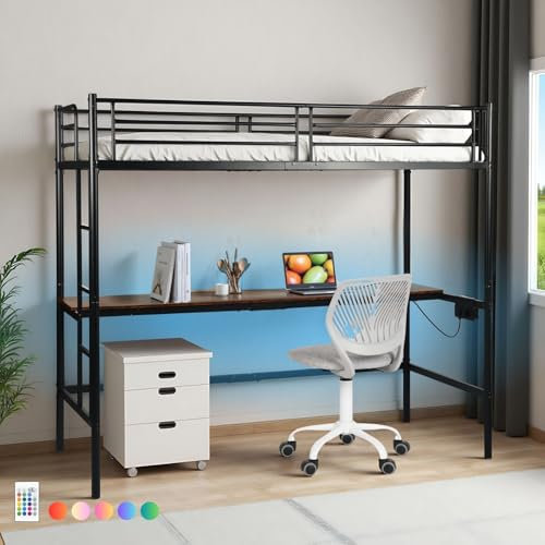 FurnitureR Hochbett 90x200 cm Metall mit Schreibtisch, LED-Beleuchtung (16 Farben, 4 Modi)，Metall Bettrahmen mit Ladestation (2 AC Steckdosen 2 USB Ports), Absturzsicherung & Lattenrost, Schwarz
