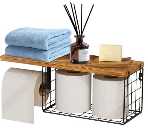 Portarrollos de Papel Higienico con Estante de Madera, Portar Rollos con Cesta para Toallitas Húmedas, Soporte Papel Higiénico de Pared Sin Taladro, Adhesivo y Fijación Tornillos, Accesorios Baño