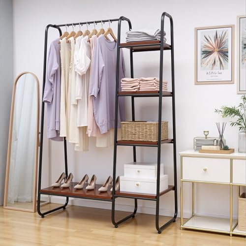 Warmiehomy Clothes Rail with Storage Shelves, Clothes Rack Stand with Shoe Storage, Wardrobe Rail for Hallway, Bedroom, Metal Frame, W101 x D30 x H150cm, Brown