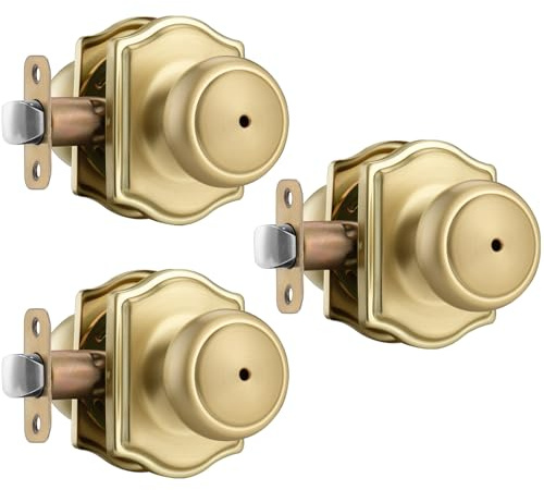 NCSEN 3 Pack Gold Door Knobs with Camelot Trim,Interior Door Knob with Lock,Coastal Privacy Door knob for Bath and Bedroom, Satin Brass
