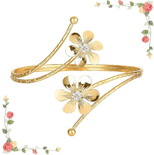 Gold Arm Cuff Upper Arm Bracelet Upper Arms, Arms Cuff Gold Jewellery | Adjustable Bangles with Floral, for Girls Women, Boho Jewelry Golden Armreif, Suitable for Daily Wear Womens Gifts