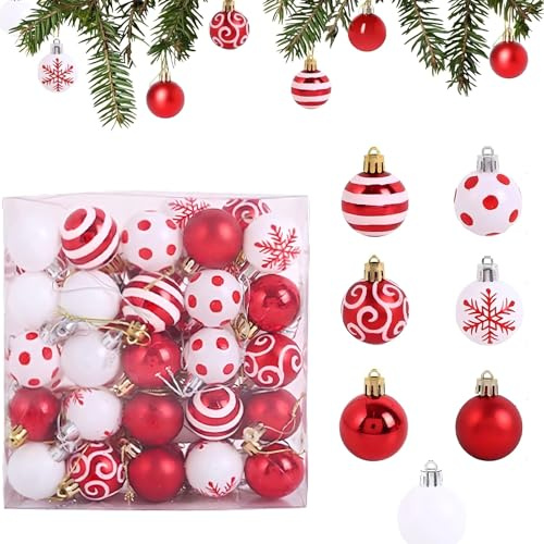 Weihnachtsbaumkugeln, 50 Stück Christbaumkugel mit Weihnachtskugeln Rot, weihnachtskugeln Weiß, Kleine Weihnachtskugeln mit Lanyard für Weihnachtsdekoration,Hochzeit,Geburtstagsfeier (Rot & Weiß)