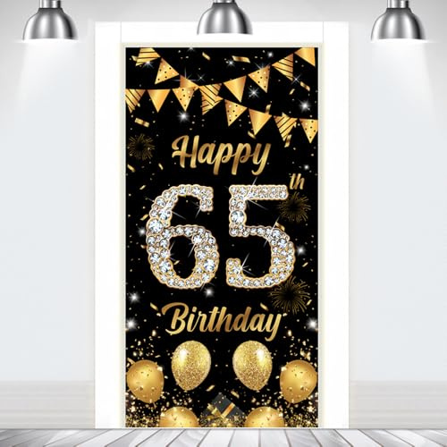 Happy Birthday Door Banner Backdrop Men Women 65th Birthday Decorations Black Gold 65 Years Old Door Background Outdoor Indoor Party Supplies Photo Props Booth Decor180×90cm