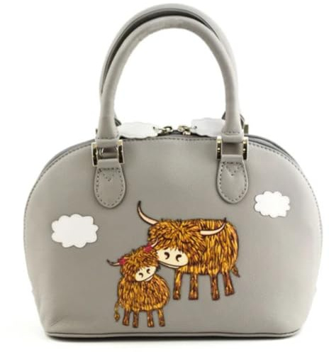 Mala Leather Bella Highland Cow Zip Round Grab Bag - Medium Leder Handtasche Applikation - Abnehmbarer Schultergurt & Staubbeutel - 28 x 19 x 10 cm, grau, 28 x 19 x 10 Centimeters