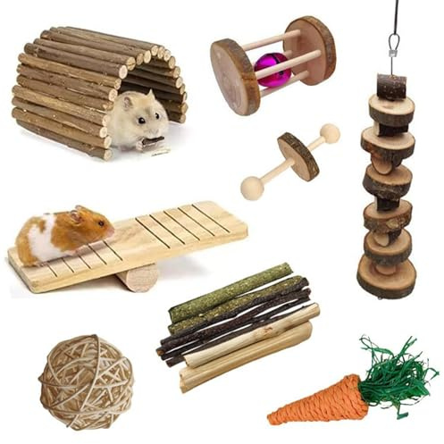 PLUSHCEWT Hamster Spielzeug Set, Meerschweinchen Zubehoer, 15 Stück Natürliches Nagetier Beschäftigung, Kaninchen Spielzeug und Hamster Zubehör für Die Zahnpflege, Handgefertigt