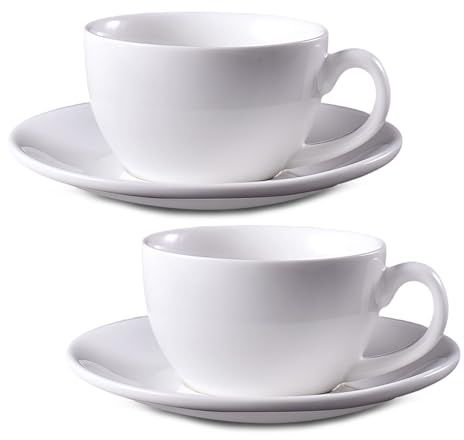 12oz Cappuccino Cups with Saucers,Large Ceramic Espresso Coffee Cups Set of 2,White Latte Cup and Saucer,Elegant Tea Mugs Set,Microwave Dishwasher Safe Drinkware for Cafe, Housewarming Gift (340ml)