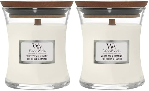 WoodWick Scented Candle with Crackling Wick | White Tea & Jasmine Mini Hourglass Candle | Up to 20 Hours Burn Time | Perfect Gifts for Women (Pack of 2)