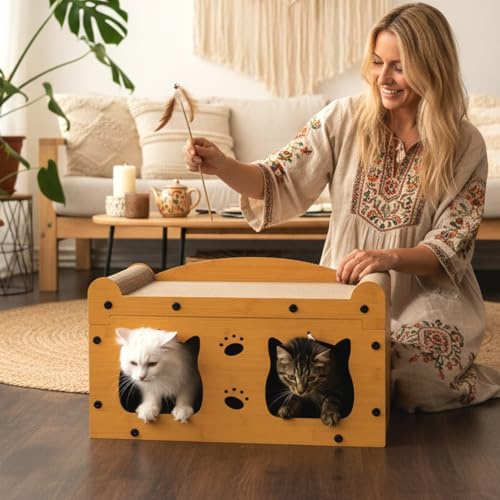 ROXLIN Katzen TV-Möbel, Holzdesign in Gelb, Kratzfläche mit Katzenhöhlen, Modernes Katzenspielzeug für Wohnzimmer, Möbelschutz mit Spielfunktion (TV-Modell)