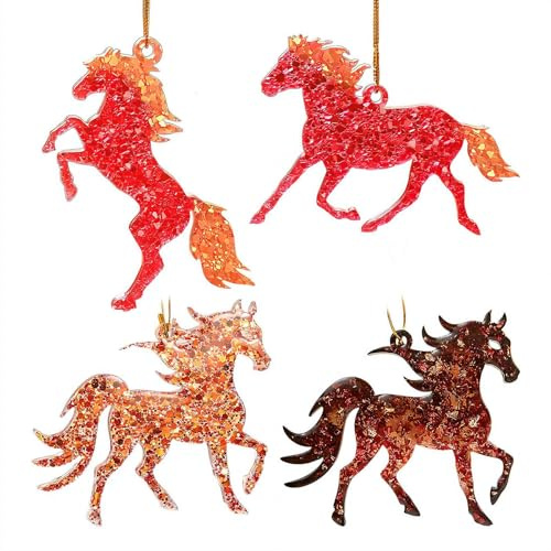 Pferdeornament, goldene Flamme, Pferde, Weihnachtsschmuck für Damen, Mädchen, Kinder (E 4 Stück)