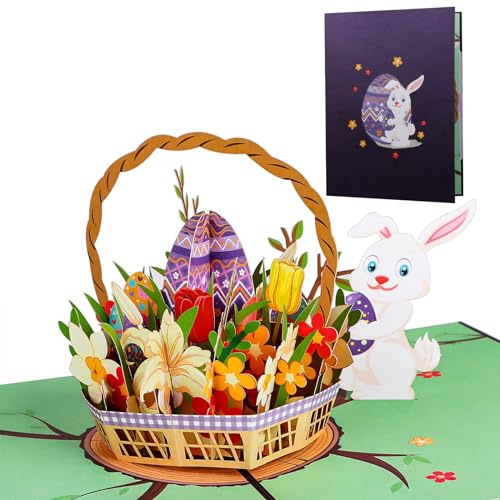 Lysjoy Osterkarten 3D, Osterkarten mit Umschlag, Pop-Up Karte Ostern, Ostergrußkarten, Osterkarte mit Ostereier, Blumen, Hasen, Geschenke für Eltern, Partner und Freunde (B)