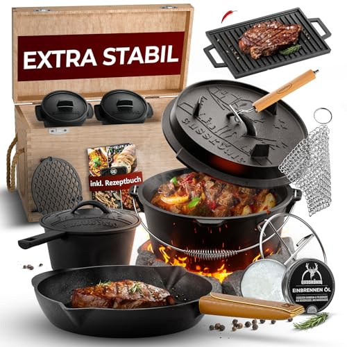 GUSSKÖNIG Dutch Oven Set 14-teilig – bereits eingebranntes Gusseisen Topf Set – Bratpfanne, Grilltopf, Deckelheber, Untersetzer & Echtleder-Griffschutz + Rezeptbuch & Pflegepaste– 30 Jahre Garantie