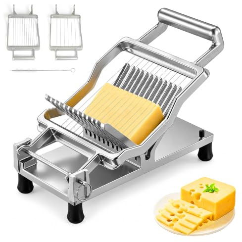 Commercial Cheese Slicer with 1cm & 2cm Cutting Boards, 304 Stainless Steel Multi-Purpose Food Cutter with Wire, Multifunctional Wire Cutter for Cheese, Butter, Tofu, Luncheon Meat & Toast
