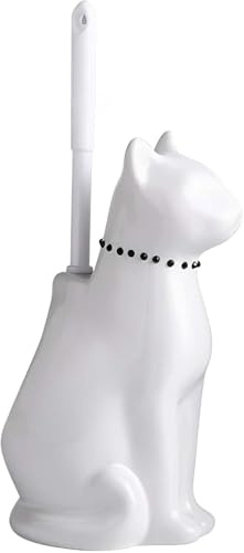WC-Bürste und Halter aus Keramik, skurriles Katzen-Design mit breiter Öffnung, Verspieltes Toilettenschüsselbürste und Halter, niedlich, für Badezimmerboden, leicht zu reinigen, Geschenk (Weiß)