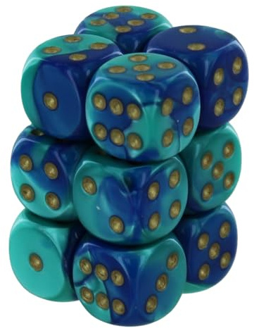 Chessex Gemini 16mm d6 with pips Dice Blocks (12 Dice) - Blue-Teal w/Gold