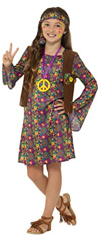 Smiffys Hippie-Mädchen Kostüm, Mehrfarbig, Kleid mit Weste, Stirnband & Medaillon
