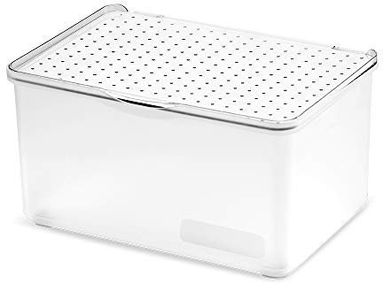 madesmart 79208 Bin with Lid-Stack Collection Stackable, Soft-Grip Lining and Non-Slip Feet, BPA-Free, Plastic, Frost