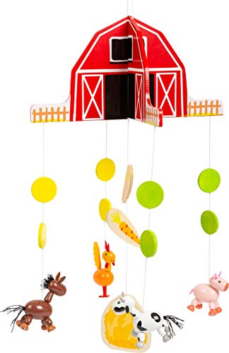 small Foot 11455 Mobile Bauernhof aus Holz, mit niedlichen Tierfiguren und klassischem Farmhaus für das Baby Zimmer