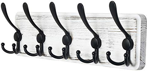 Dseap Garderobe, Garderobenhaken - Robust Vintage Garderobenleiste Holz mit 5 Dreifachhaken, Kleiderhaken Wand, Hakenleiste, für Jacken Mäntel Handtaschen, Retro Weiß